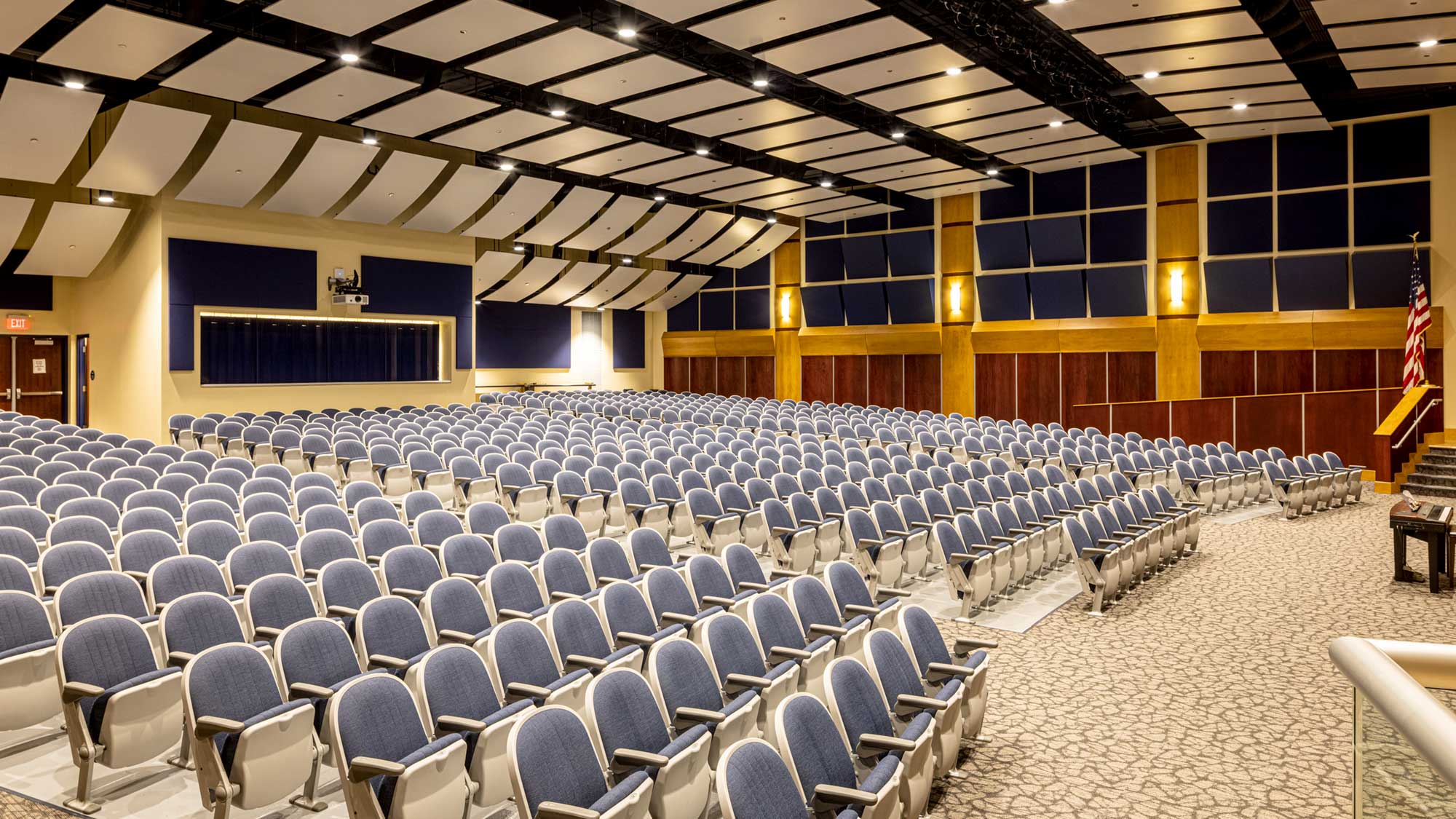 Seating and sound tiles inside auditorium